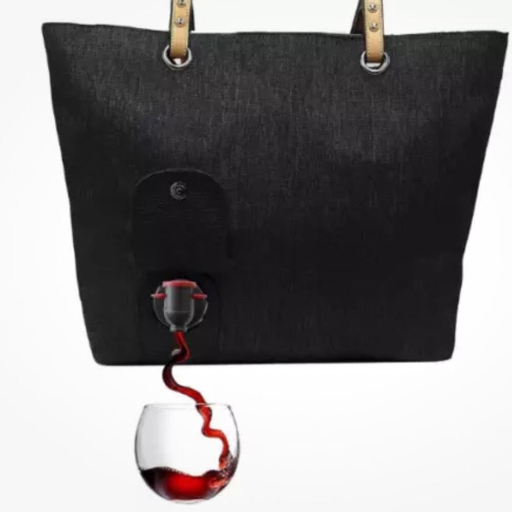 Black PortoVino City Tote Bag Canvas Wine Purse with Hidden Spout & dispenser